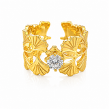 Elegant Anti-Tarnish Leaf Pattern Ring with CZ Stone
