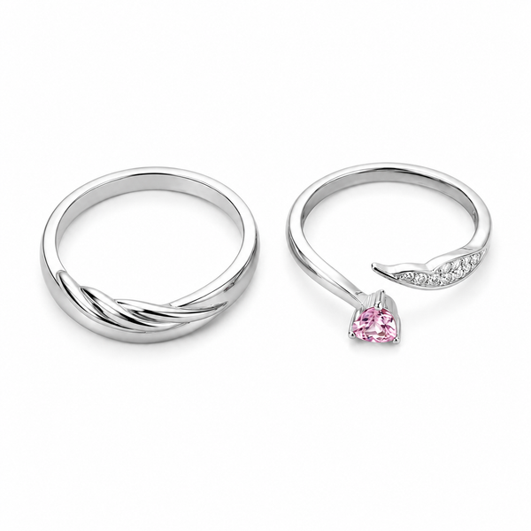 His & Hers Stainless Steel Pink Heart Couple Ring Set