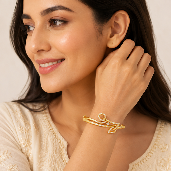 Luxury Leaf Swirl CZ Open Kada Bracelet for Women