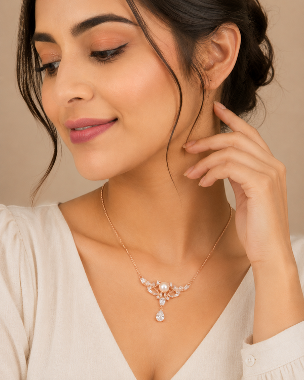 Elegant Pearl Crown Pendant Necklace in Rose Gold