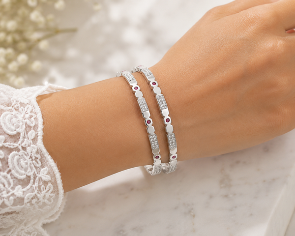 925 Silver Geometric Ruby & Cubic Zirconia Bangles