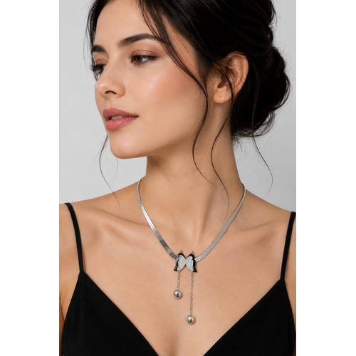 Elegant Silver Butterfly Tassel Pendant Necklace