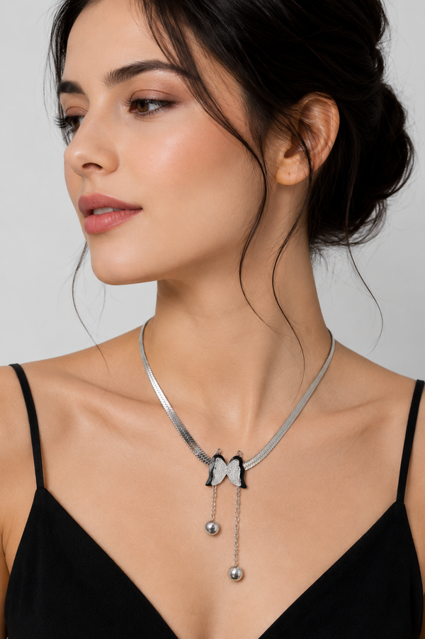 Elegant Silver Butterfly Tassel Pendant Necklace
