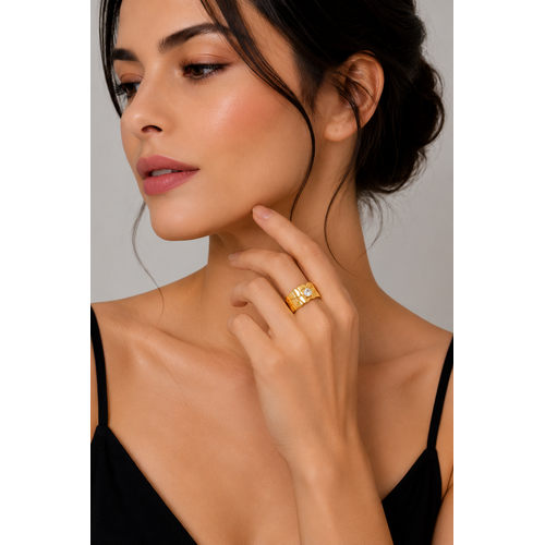 Elegant Anti-Tarnish Textured Gold Ring with CZ Stone