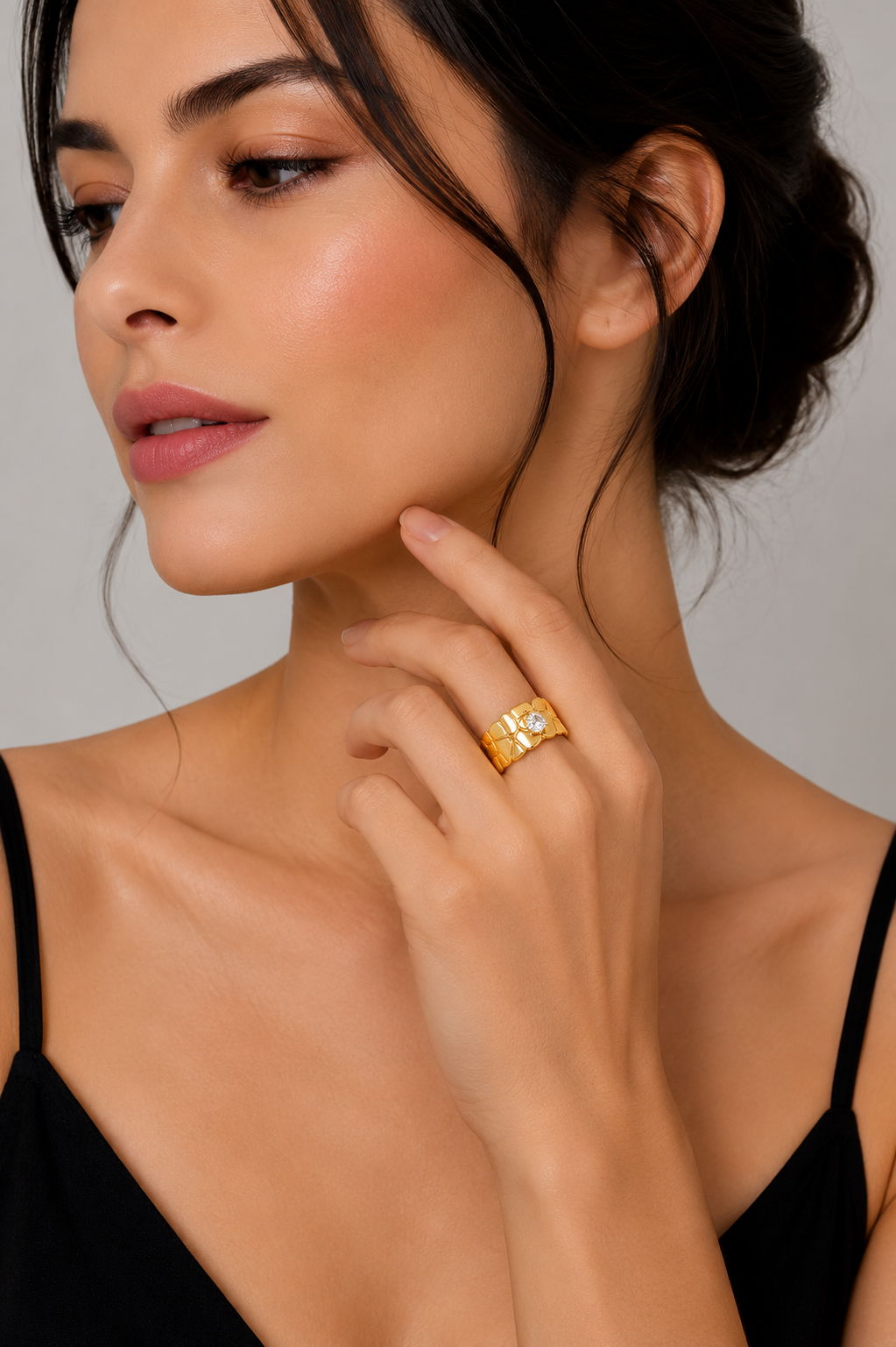 Elegant Anti-Tarnish Textured Gold Ring with CZ Stone