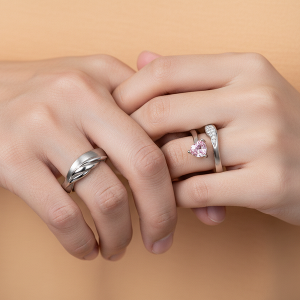His & Hers Stainless Steel Pink Heart Couple Ring Set
