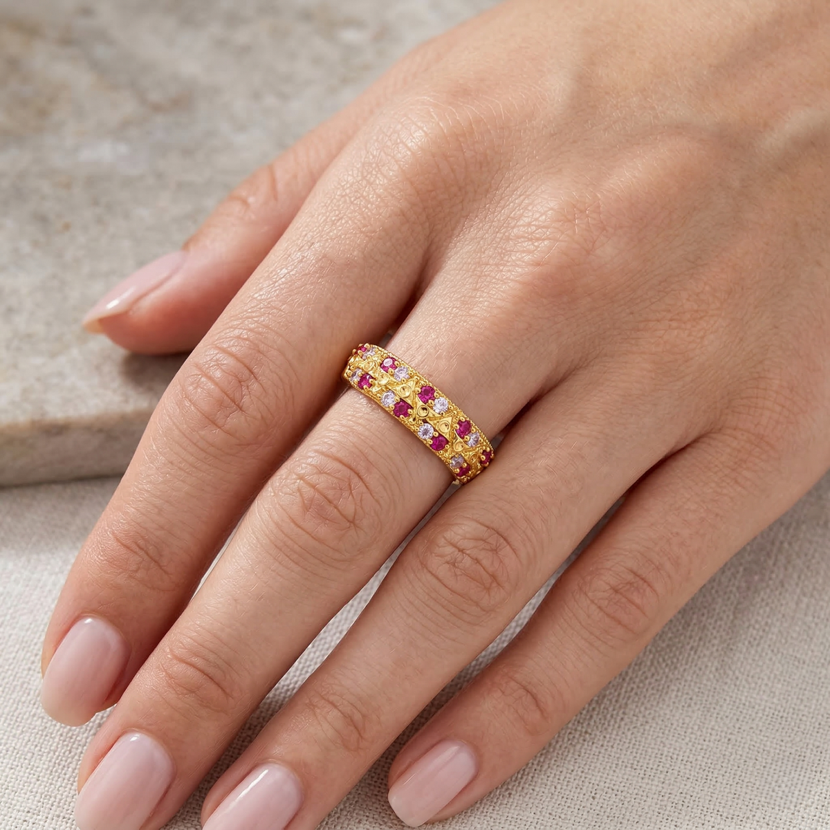 NXGOLD Stylish Band Ring with Alternating Pink & White CZ Stones