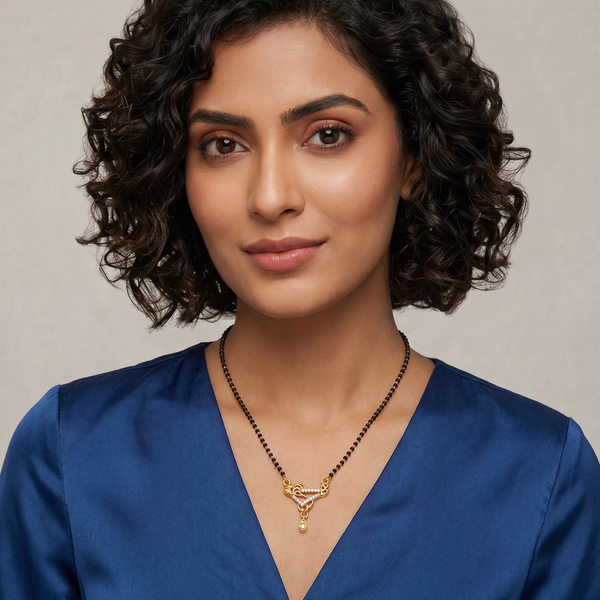 Premium CZ Triangle Pendant Mangalsutra with Black Beads Necklace