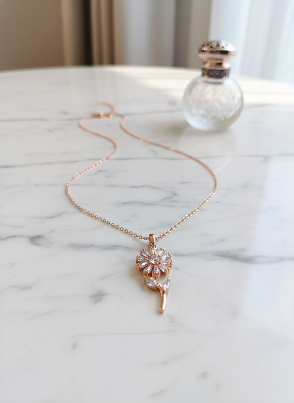 Elegant Rose Gold Rotating Floral Crystal Pendant Necklace