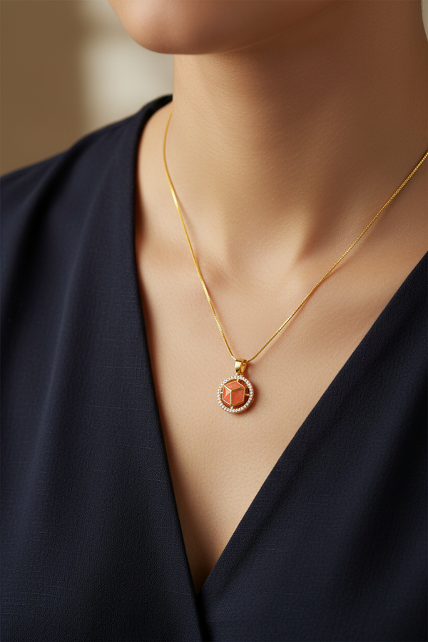 NXGOLD Red Stone Cube Pendant Necklace