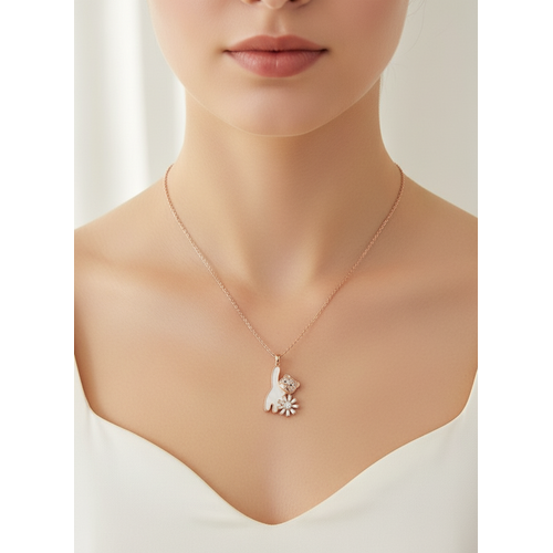 Elegant Rose Gold Cat & Floral Pendant Necklace for Women
