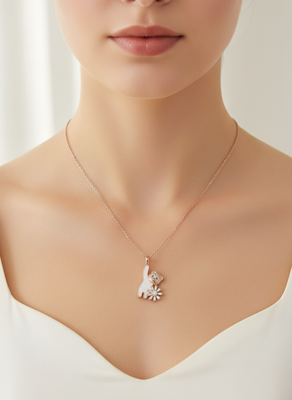 Elegant Rose Gold Cat & Floral Pendant Necklace for Women