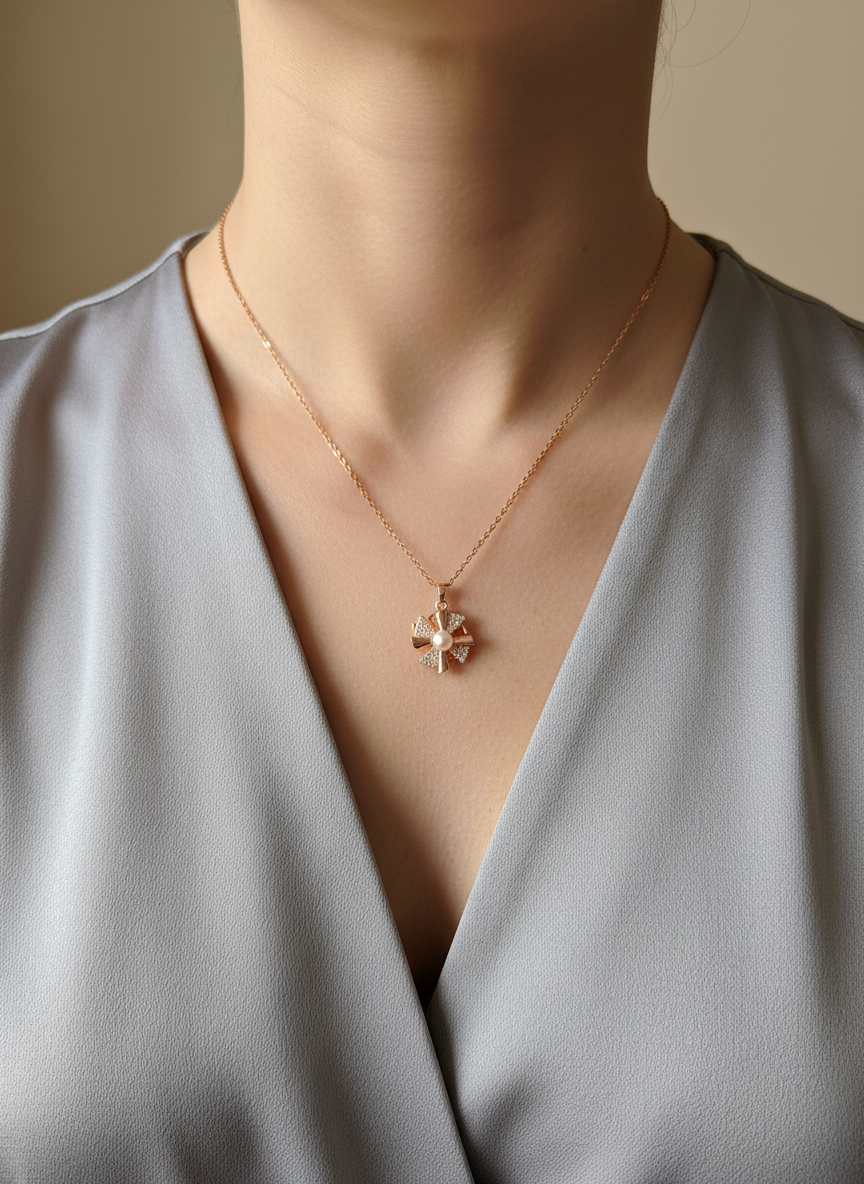 Elegant Rose Gold Pearl Spinner Pendant Necklace