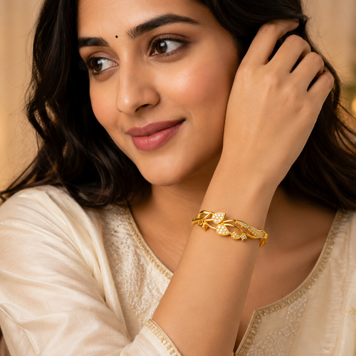 Luxury Floral Leaf CZ Open Bracelet For Women & Girl