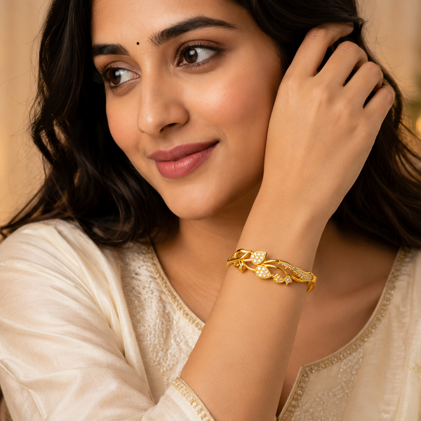 Luxury Floral Leaf CZ Open Bracelet For Women & Girl