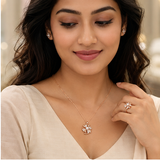 Elegant Rose Gold Pinwheel Pearl & CZ Pendant Necklace with Matching Ring Combo Set for Women