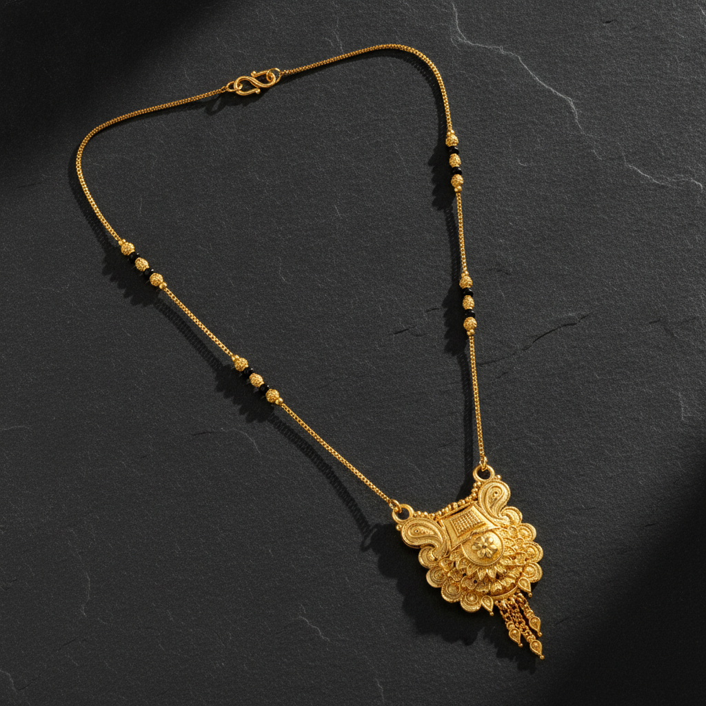 NXGOLD Antique Floral Pendant Mangalsutra with Black Beads