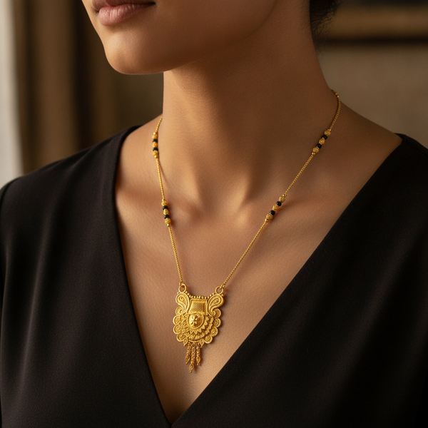 NXGOLD Antique Floral Pendant Mangalsutra with Black Beads