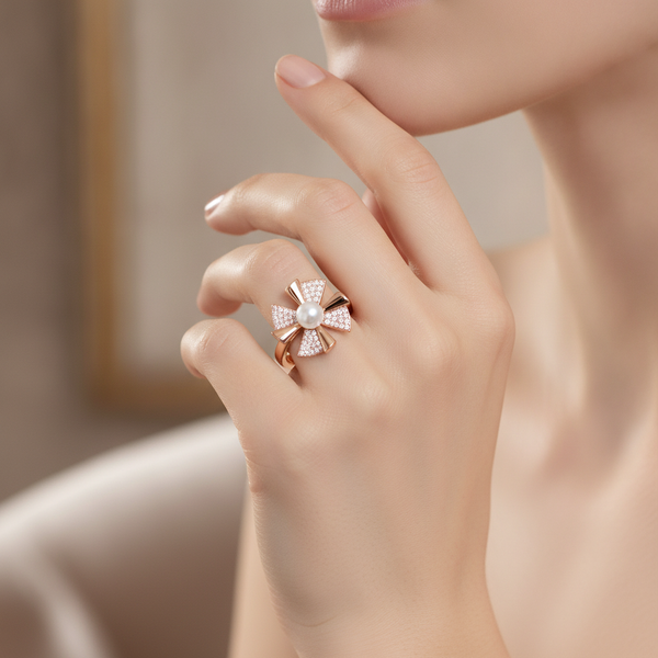 NXGOLD Rose Gold 360° Rotating Flower Ring with Pearl & CZ Stones