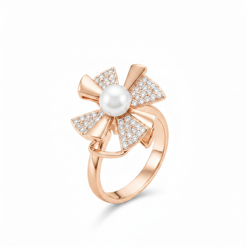 NXGOLD Rose Gold 360° Rotating Flower Ring with Pearl & CZ Stones