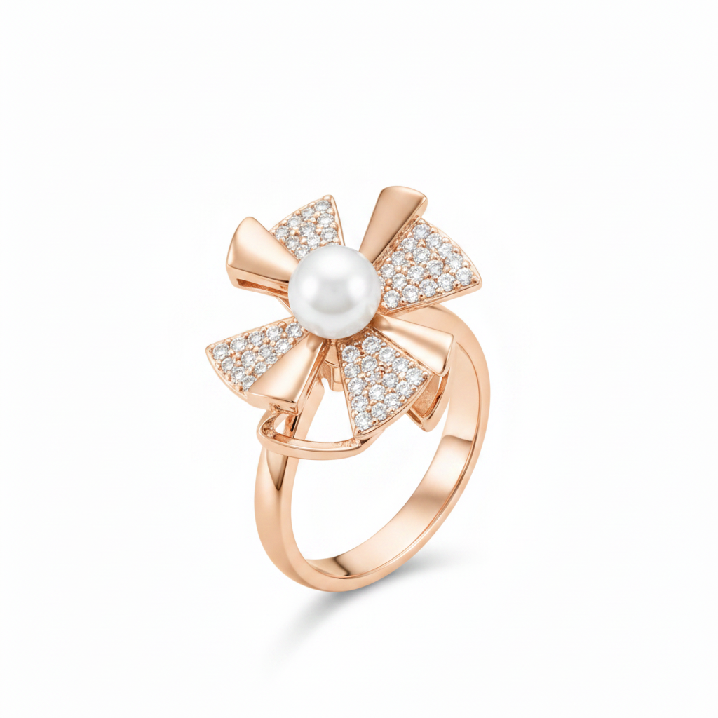 NXGOLD Rose Gold 360° Rotating Flower Ring with Pearl & CZ Stones