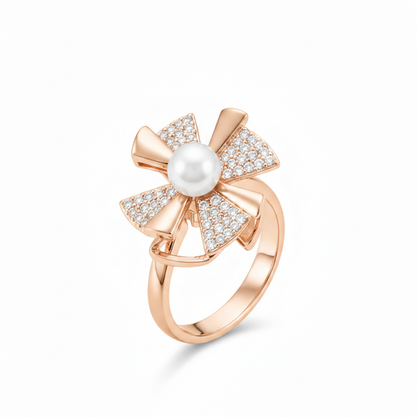 NXGOLD Rose Gold 360° Rotating Flower Ring with Pearl & CZ Stones