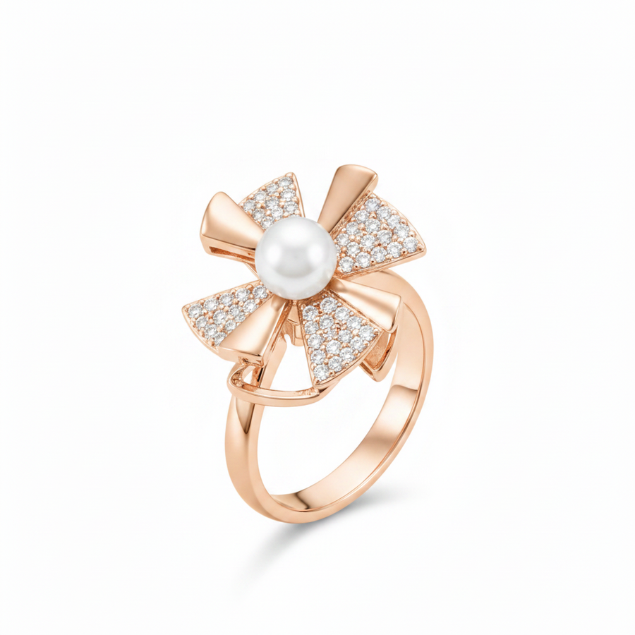 NXGOLD Rose Gold 360° Rotating Flower Ring with Pearl & CZ Stones