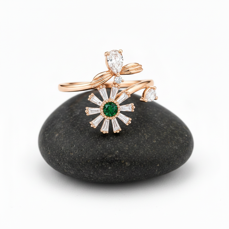 NXGOLD Luxury 360° Rotating Daisy Ring with Emerald Green Stone
