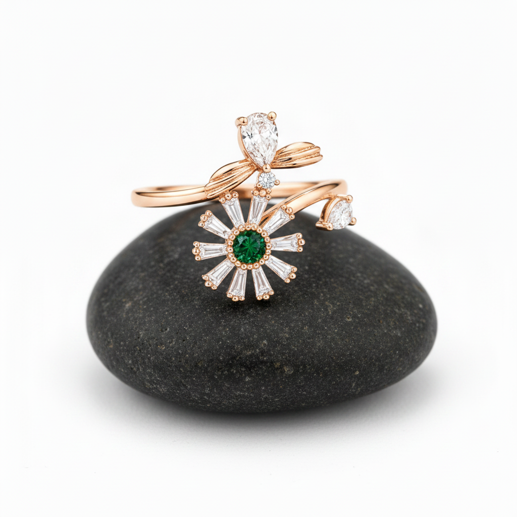 NXGOLD Luxury 360° Rotating Daisy Ring with Emerald Green Stone