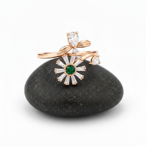 NXGOLD Luxury 360° Rotating Daisy Ring with Emerald Green Stone