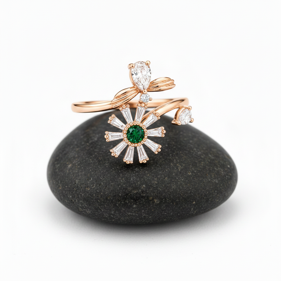 NXGOLD Luxury 360° Rotating Daisy Ring with Emerald Green Stone
