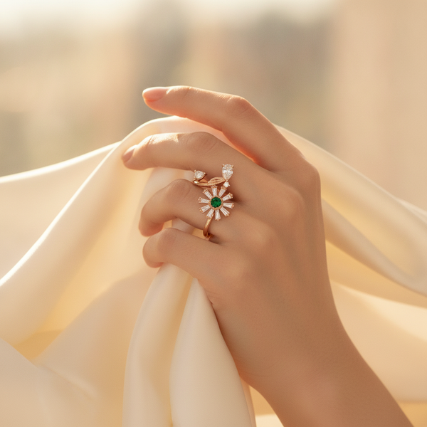 NXGOLD Luxury 360° Rotating Daisy Ring with Emerald Green Stone