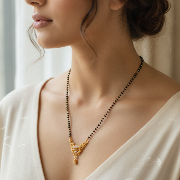 Women's Traditional Black Bead Mangalsutra with CZ Stone Pendant