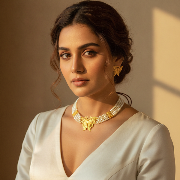 Elegant Butterfly Pearl Choker & Earrings Set