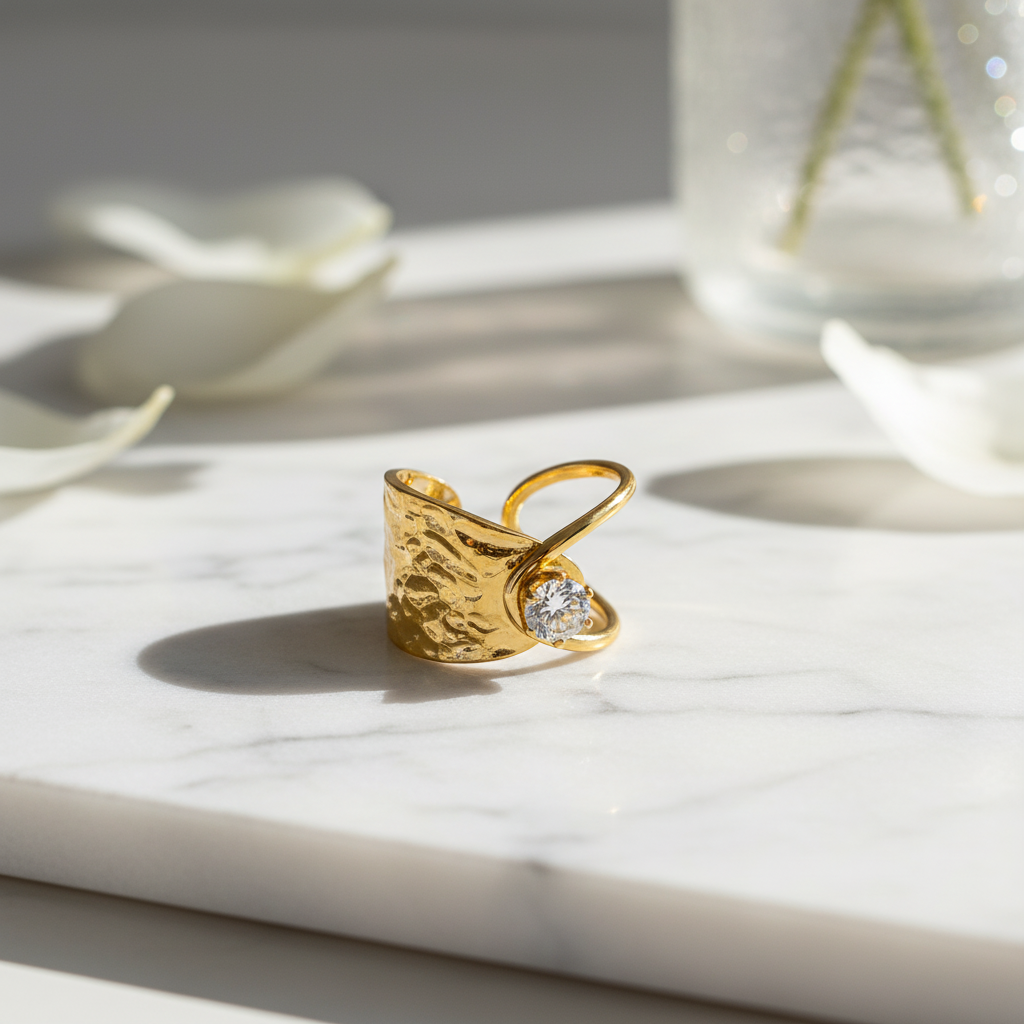 Elegant Anti-Tarnish Hammered Gold Ring with CZ Stone