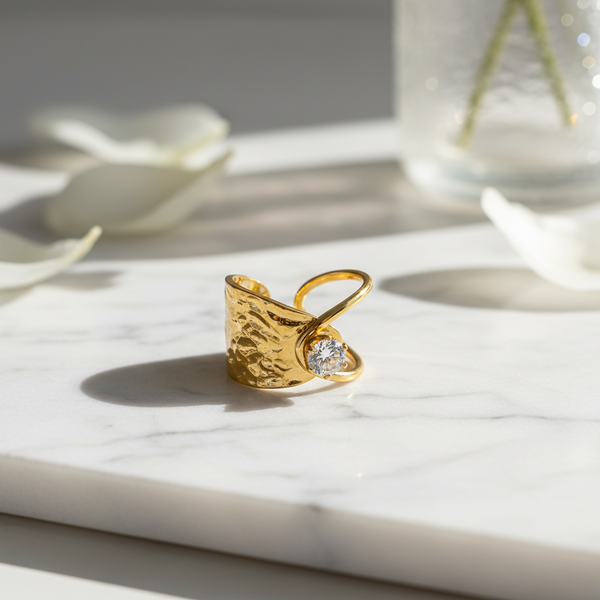 Elegant Anti-Tarnish Hammered Gold Ring with CZ Stone