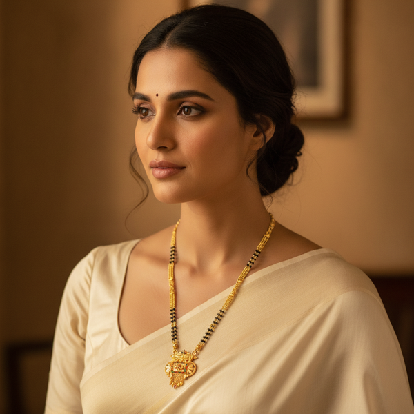 NXGOLD Traditional Multi-Strand Black Bead Mangalsutra with Antique Barrel Pendant