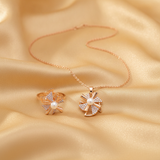 Elegant Rose Gold Pinwheel Pearl & CZ Pendant Necklace with Matching Ring Combo Set for Women