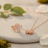 Elegant Rose Gold Floral CZ Pendant Necklace with Matching Designer Ring Set for Women