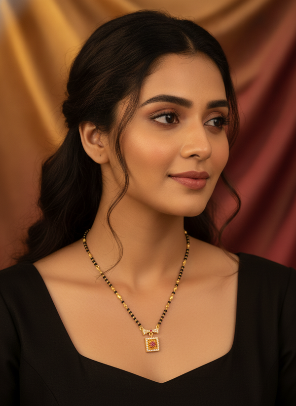 Elegant Black Bead Mangalsutra with Sparkling CZ Bow and Ruby Pendant