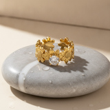 Luxury Flower Blossom Adjustable Ring with Sparkling CZ for Women