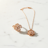 Elegant Rose Gold Floral CZ Pendant Necklace with Matching Designer Ring Set for Women