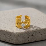 Elegant Anti-Tarnish Leaf Pattern Ring with CZ Stone