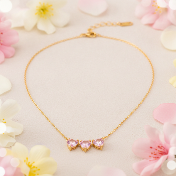 NXGOLD Triple Pink Heart Crystal Necklace for Women & Girls