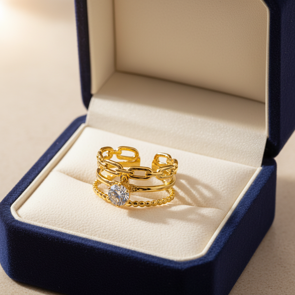 Elegant Anti-Tarnish Chain Link Ring with CZ Stone