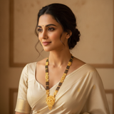 Traditional Black Bead Mangalsutra with Floral Temple Pendant