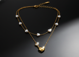 Golden Heart & Pearl Double Layer Necklace for Women