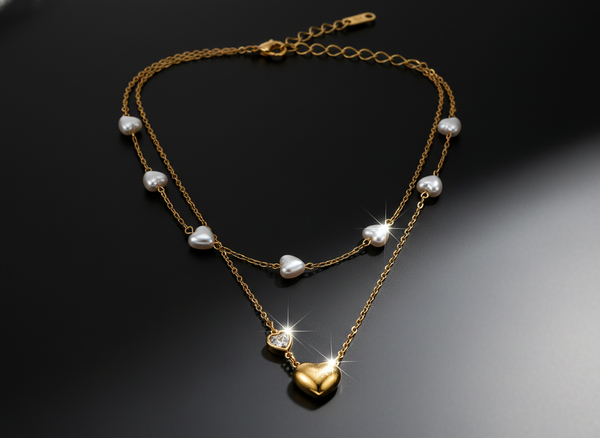 Golden Heart & Pearl Double Layer Necklace for Women