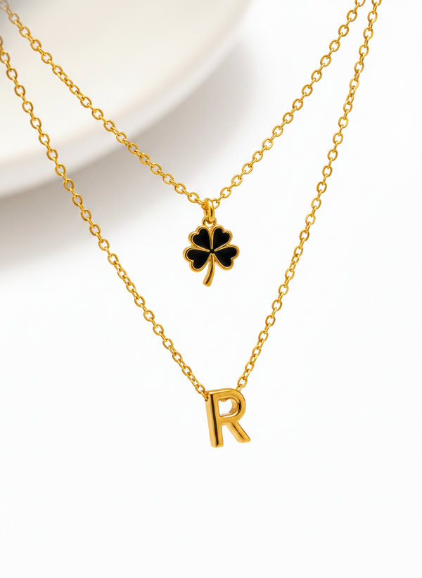 Elegant Double Chain Initial R & Clover Necklace for Women