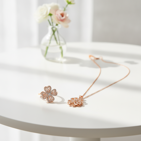 Elegant Rose Gold Floral CZ Pendant Necklace with Matching Designer Ring Set for Women